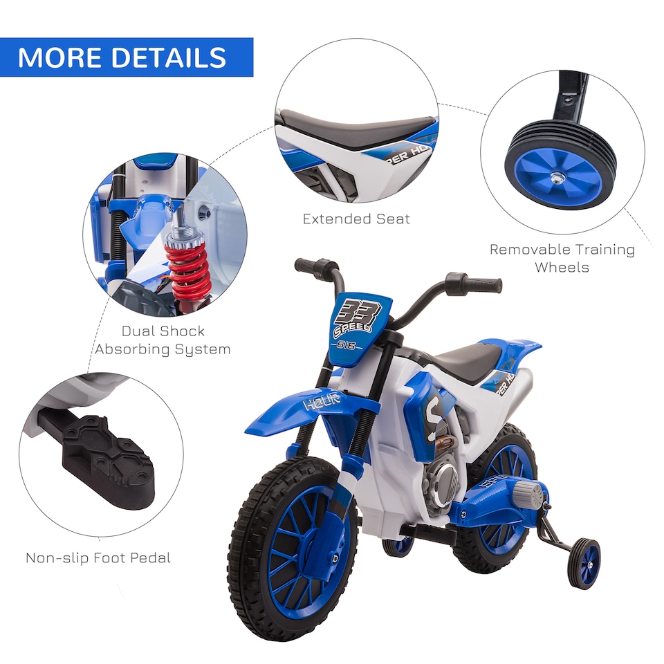 image 1 of HOMCOM Kids Electric Motorbike, 12V Battery Powered Kids Motorbike for Boys and Girls with Training Wheels, Start-up Button, Pedal, for Ages 3-5 Years - Blue
