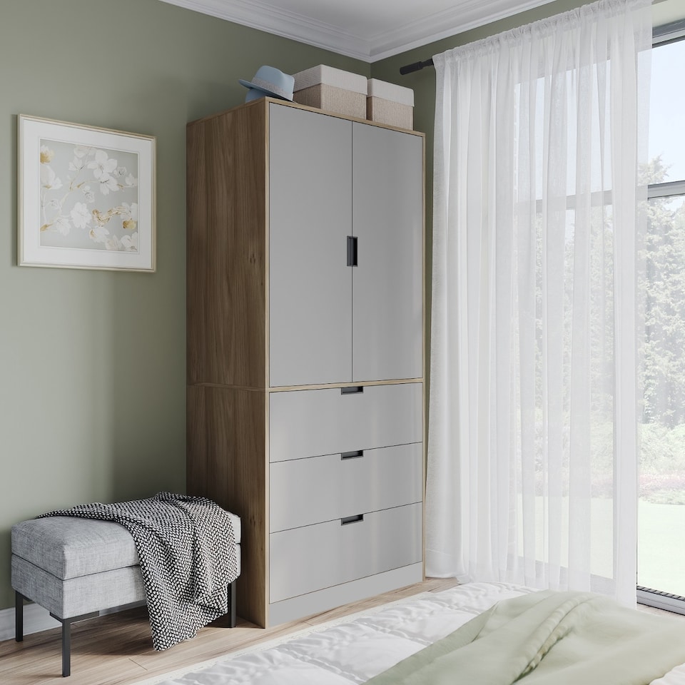 image 1 of 2 Door 3 Drawer Wardrobe with Hanging Rail - Modern Bedroom Storage Furniture | Brown | Oak with Grey Doors | 1