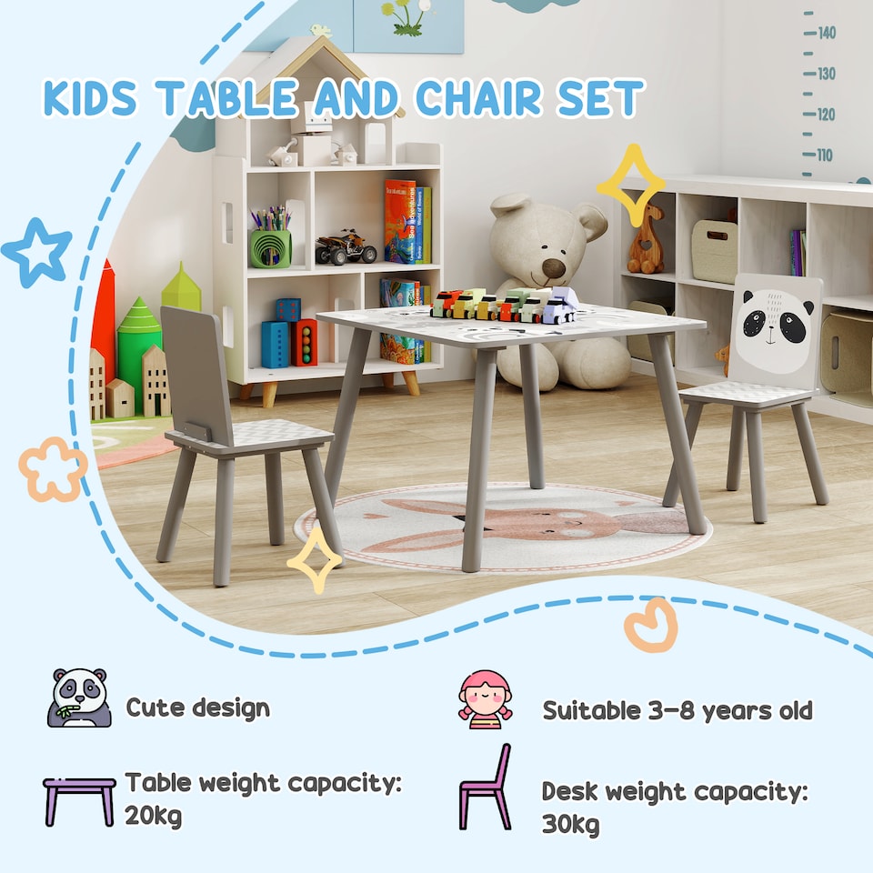 image 1 of ZONEKIZ Kids Table and Chair Set, Toddler Table with 2 Chairs, Grey