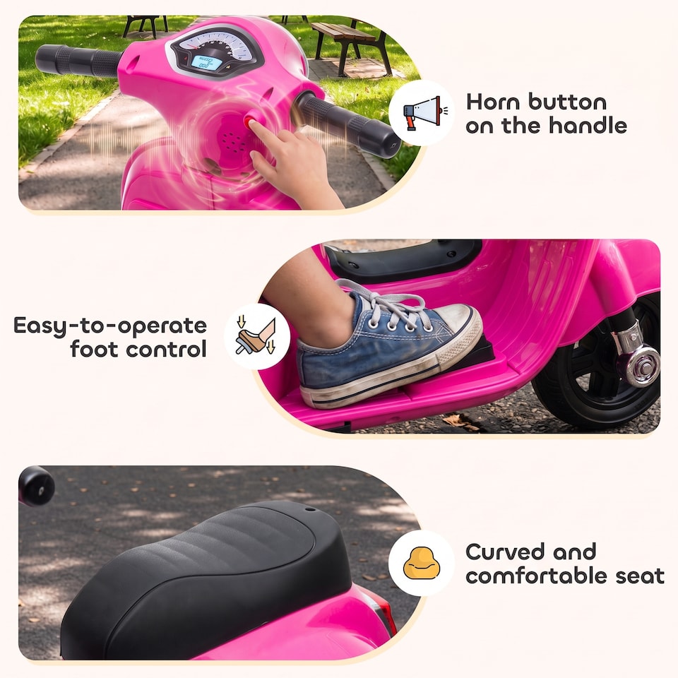 image 1 of HOMCOM Vespa Licensed Kids Ride On Motorcycle, 6V Battery Powered, Pink