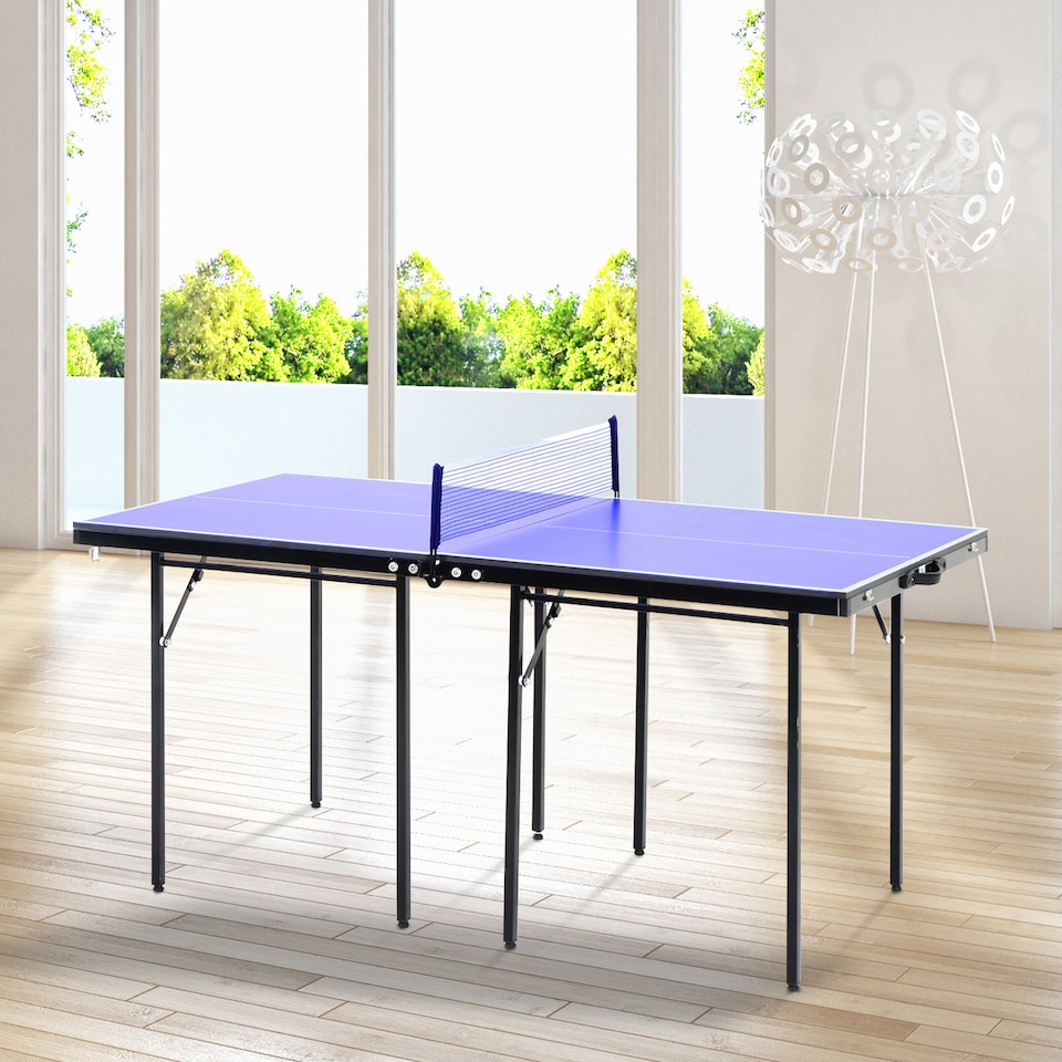 image 1 of HOMCOM Folding Mini Table Tennis Portable Ping Pong Set Games Play Sport w/ Net | Blue | Blue , Black
