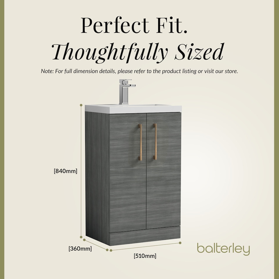 image 1 of Balterley Level Compact Bathroom Cloakroom Vanity Basin Unit with Ceramic Basin, Handles | Grey | Grey Woodgrain | 840 x 510 x 360mm
