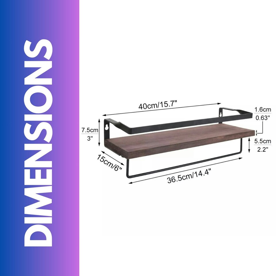 image 1 of Industrial 2PC Tier Wooden Floating Shelves with Hanging Rail Brown