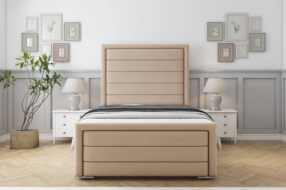 image 1 of Sloomy Ashford Pebble Plush Bed Frame With Mattress With 50" Upholstered Headboard 3' Single