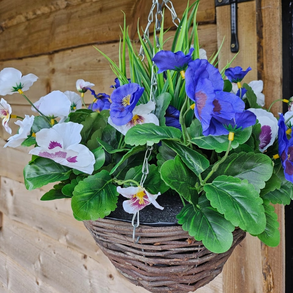 image 1 of Pair of 30cm 10 Inch Lilac & White Pansy Flower with Decorative Rattan Hanging Baskets for Indoor Outdoor Garden Use | Blue | Lilac & White | 1