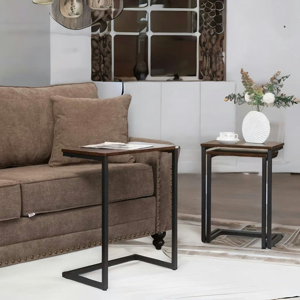 image 1 of Set Of 3 C-Shaped Nesting Tables Rustic Brown Brown
