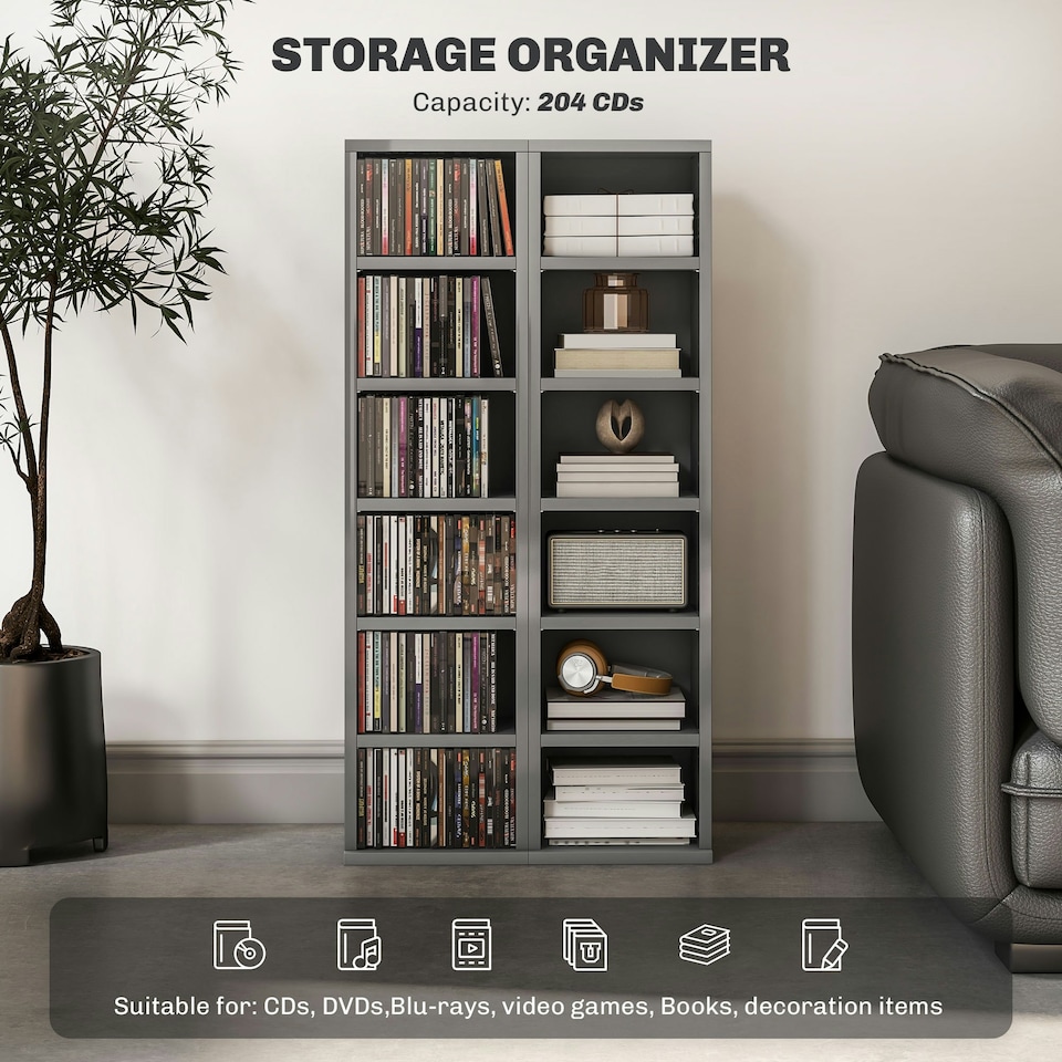 image 1 of HOMCOM Set of 2 CD Storage Units with Adjustable Shelves, High Gloss Grey