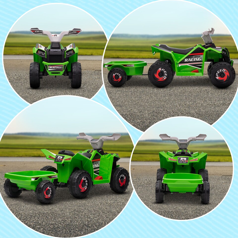 image 1 of HOMCOM Electric Quad Bike, 6V Kids Ride On All-Terrain with Back Trailer for Ages 18-36 Months - Green