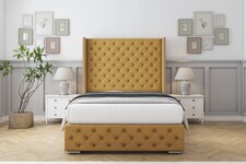 Sloomy Arundel Mustard Plush Bed Frame With Mattress With 50" Upholstered Wingback Headboard 6' Super King