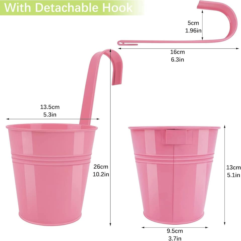 image 1 of Large Metal Flower Pot Vase Bucket Hanging Garden Planter without Drainage Hole, Balcony Home Decor, Detachable Hook Multi