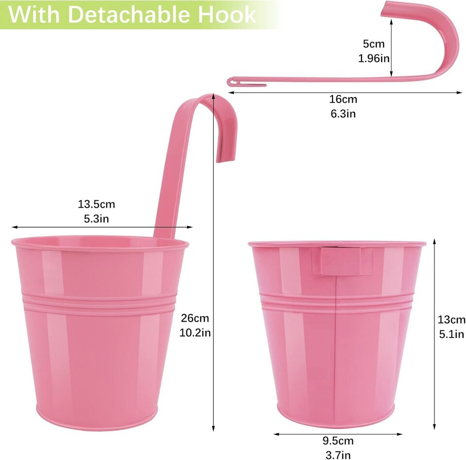 image 1 of Large Metal Flower Pot Vase Bucket Hanging Garden Planter without Drainage Hole, Balcony Home Decor, Detachable Hook | Multi