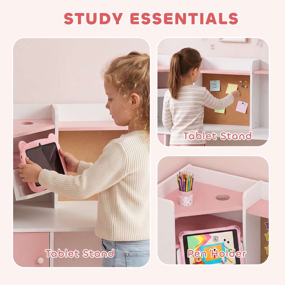 image 1 of AIYAPLAY Kids Desk and Chair Set w/ Cabinets for Ages 5-12 Years, Pink