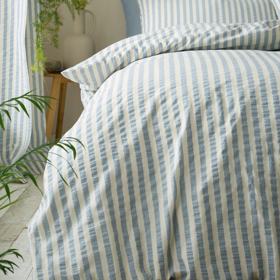 image 1 of Pineapple Elephant Cotton Rich Woven Stripe Duvet Cover Set | Blue | Super King