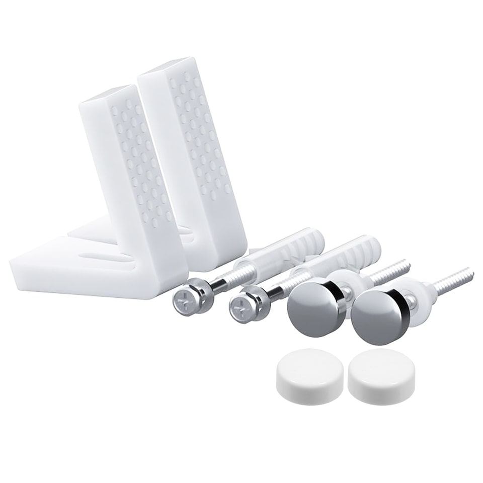 image 1 of SPARES2GO Toilet Pan Fixing Kit Angled Floor WC Bidet Basin Bathroom Bracket Set (White and Chrome Silver Cap Covers)