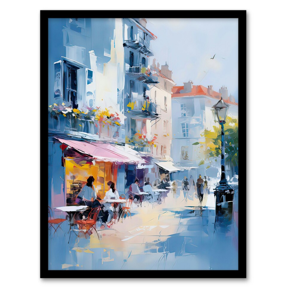 image 1 of Cafe Street Paris Abstract Oil Pastel Colour Black Framed Wall Art Print A4