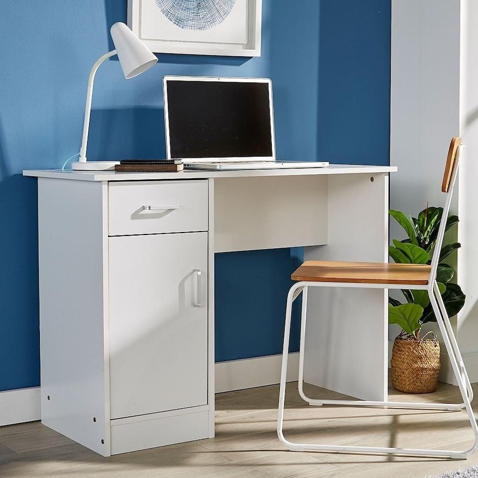 image 1 of Computer Desk 1 Drawer 1 Door Compact Workstation Home Office Table | White