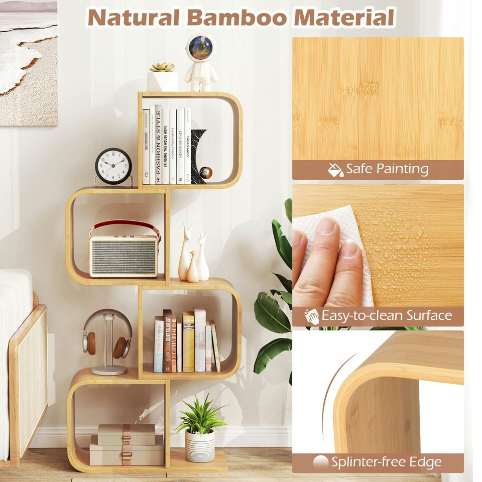 image 1 of COSTWAY 4-TierS-Shaped Bookcase, Bamboo Bookshelf Brown