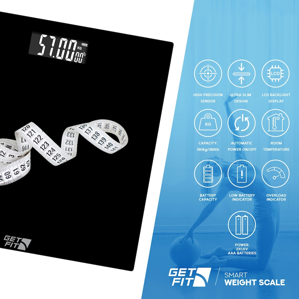 image 1 of Get Fit Bathroom Scales - Monitor Weight Loss - Digital Weighing Scale with High Precision Strain Gauge Sensor, LCD Display & Automatic On/Off - Black