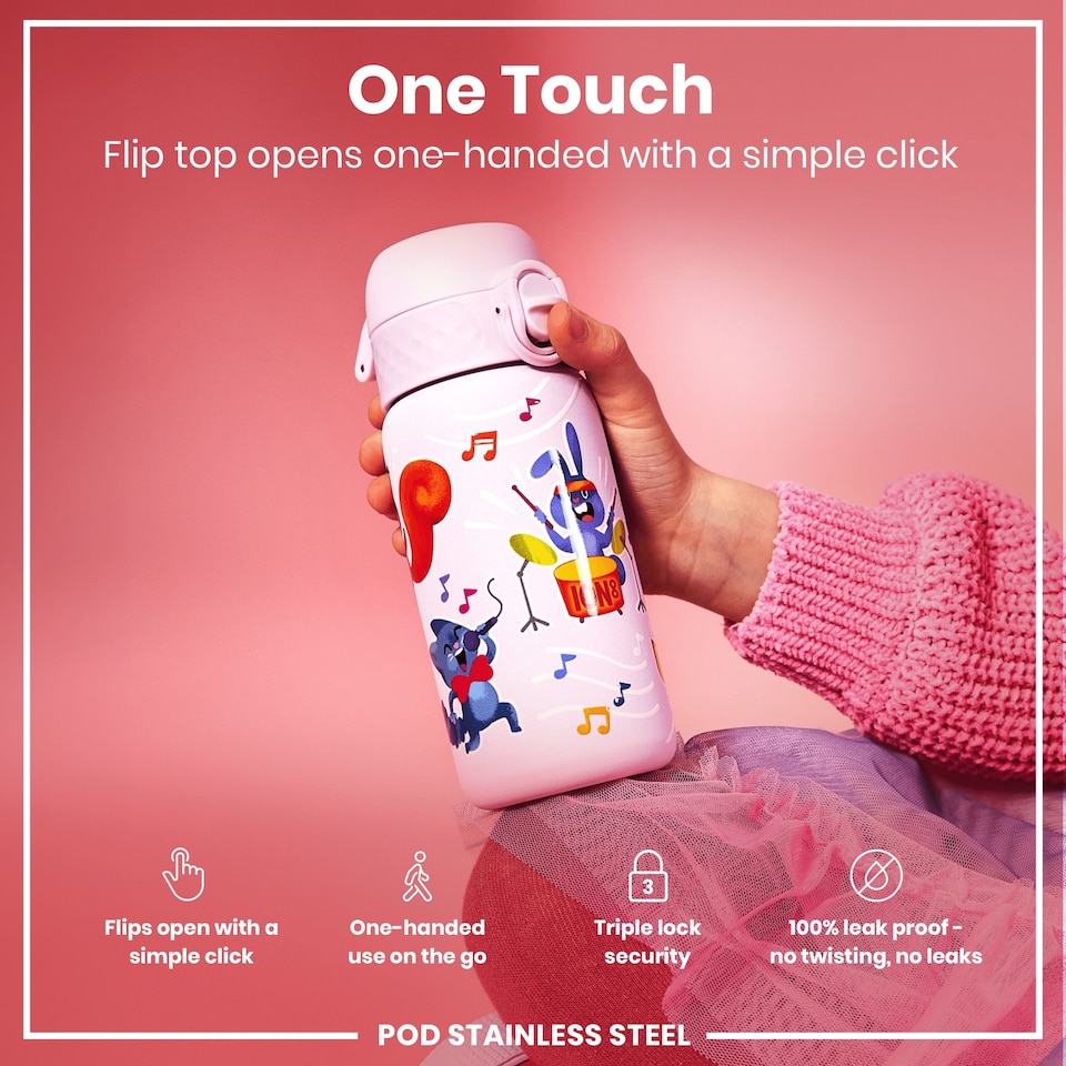 image 1 of Leak Proof Kids Water Bottle, Stainless Steel, 400ml (13oz) | Purple | Animal Band | One Size