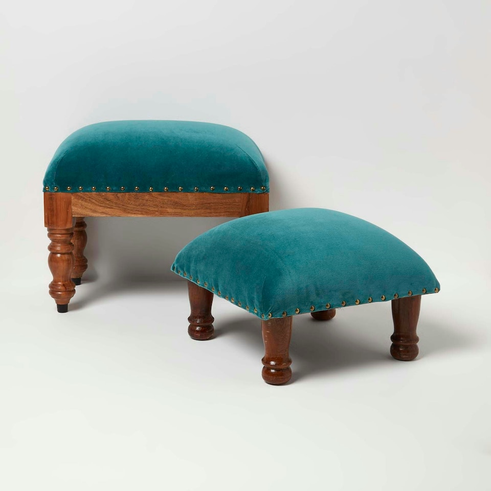 image 1 of Homescapes Mable Teal Green Velvet Rectangular Footstool