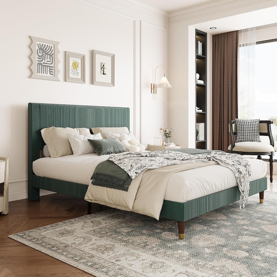 image 1 of London Boutique Double Platform Bed Frame with Velvet Upholstered Headboard, Wood Slats Support, Green 135 x 199 cm