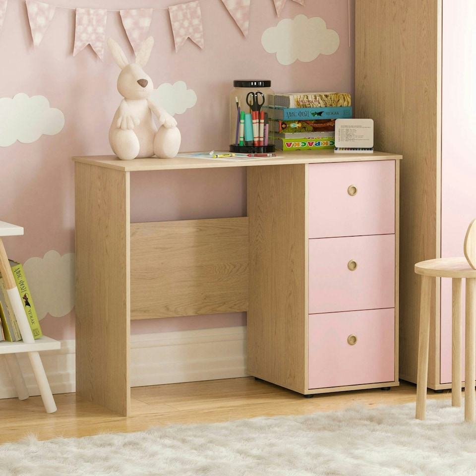 image 1 of Junior Vida Neptune 3 Drawer Desk Computer Desk Home Workstation, Pink & Oak