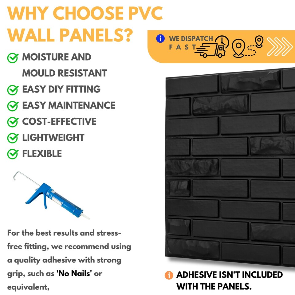 image 1 of NOVECRAFTO Brick Effect 3D Wall Panels – 6 Sheets Covering 1.5m² | 16.15ft² Interior Cladding Set | Urban Brick Design – Each Panel 50x50cm Urban Brick Black