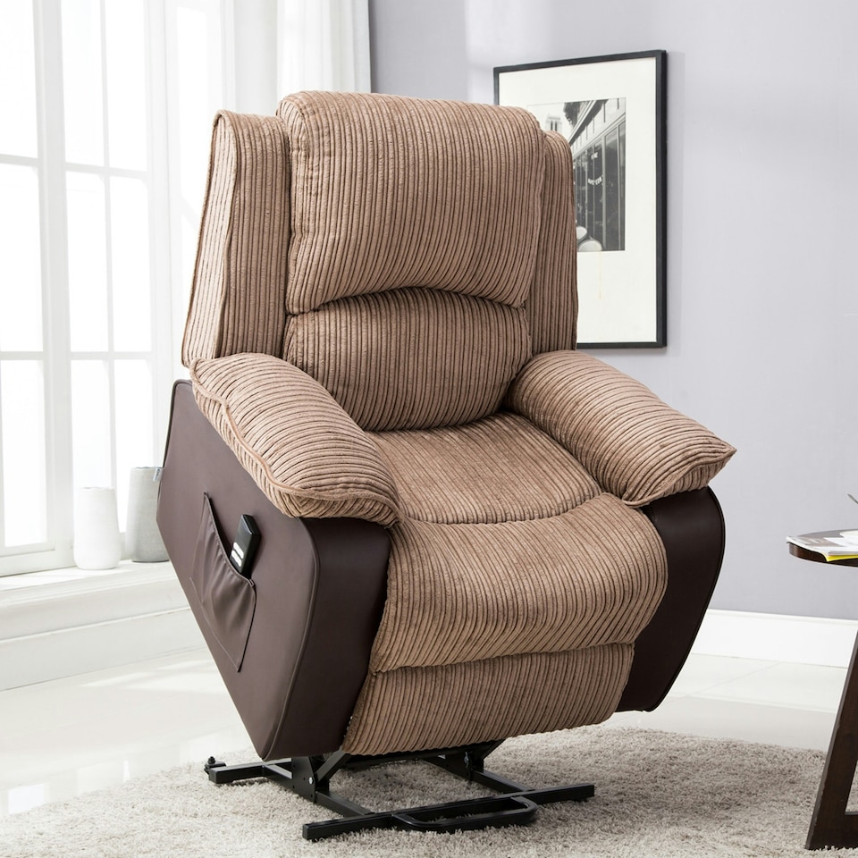 image 1 of Postana Dual Motor Electric Rise Recliner Jumbo Cord Fabric Chair (Brown)