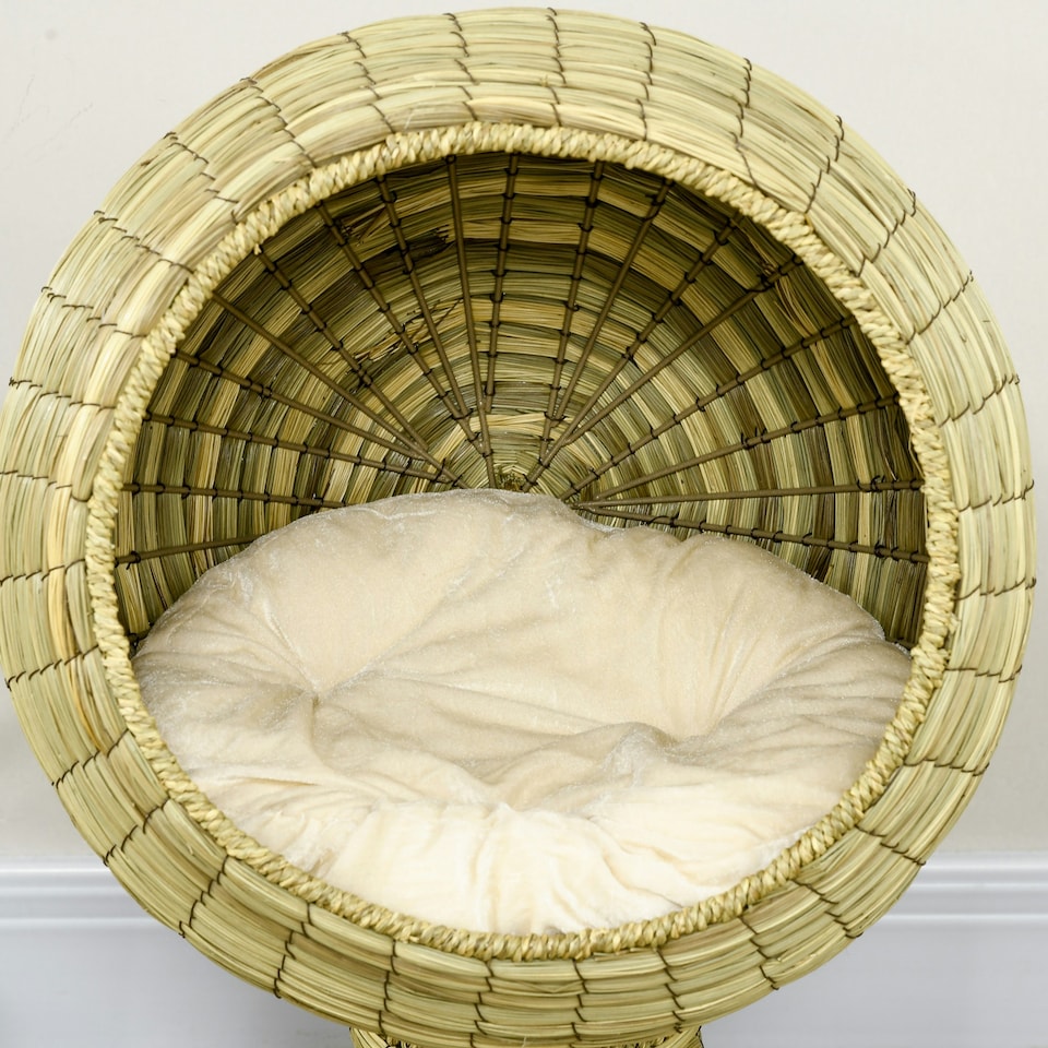 image 1 of PawHut Raised Cat House, Natural Mat Grass Cat Bed w/ Stand Cushion, Φ41x 69 cm