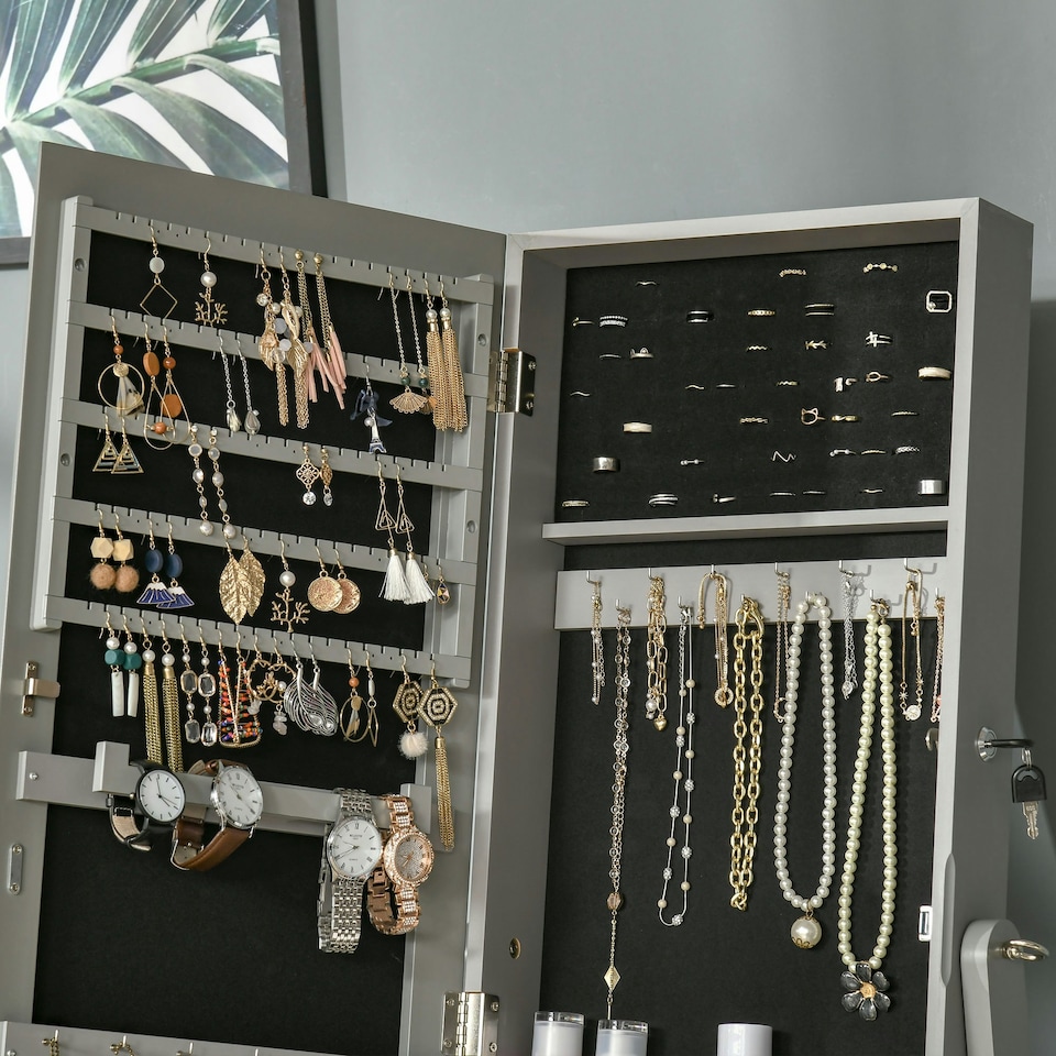 image 1 of HOMCOM Mirrored Jewellery Cabinet Lockable Jewellery Organiser Grey