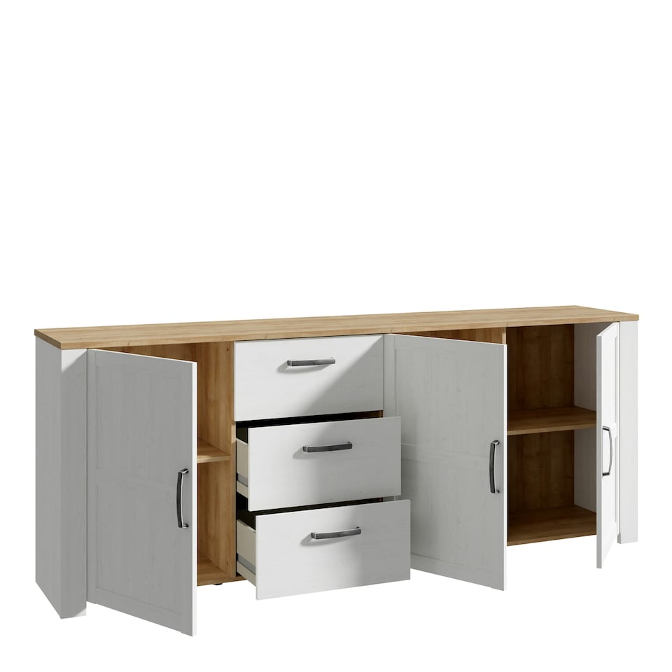 image 1 of Bohol 3 Door 3 Drawer Large Sideboard in Riviera Oak/White