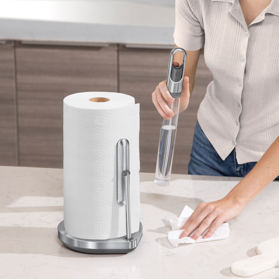 image 1 of Simplehuman Kitchen Roll Holder with built in Spray Bottle Pump, Brushed Stainless Steel | Silver | Brushed Stainless Steel | 1