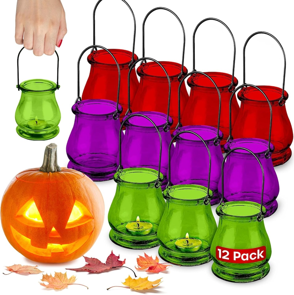 image 1 of Hanging Tealight Holders - 12 Pack Candle Holders Glass for Indoor and Outdoor Ambiance | Multi | Coloured | 10cm x 8.3cm | 12