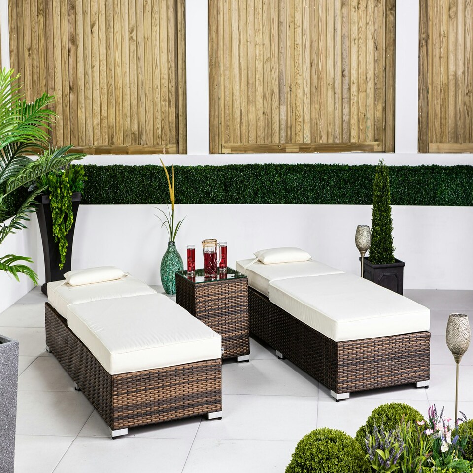 image 1 of Giardino Set of 2 Sun Loungers & Table Set Brown | Ivory