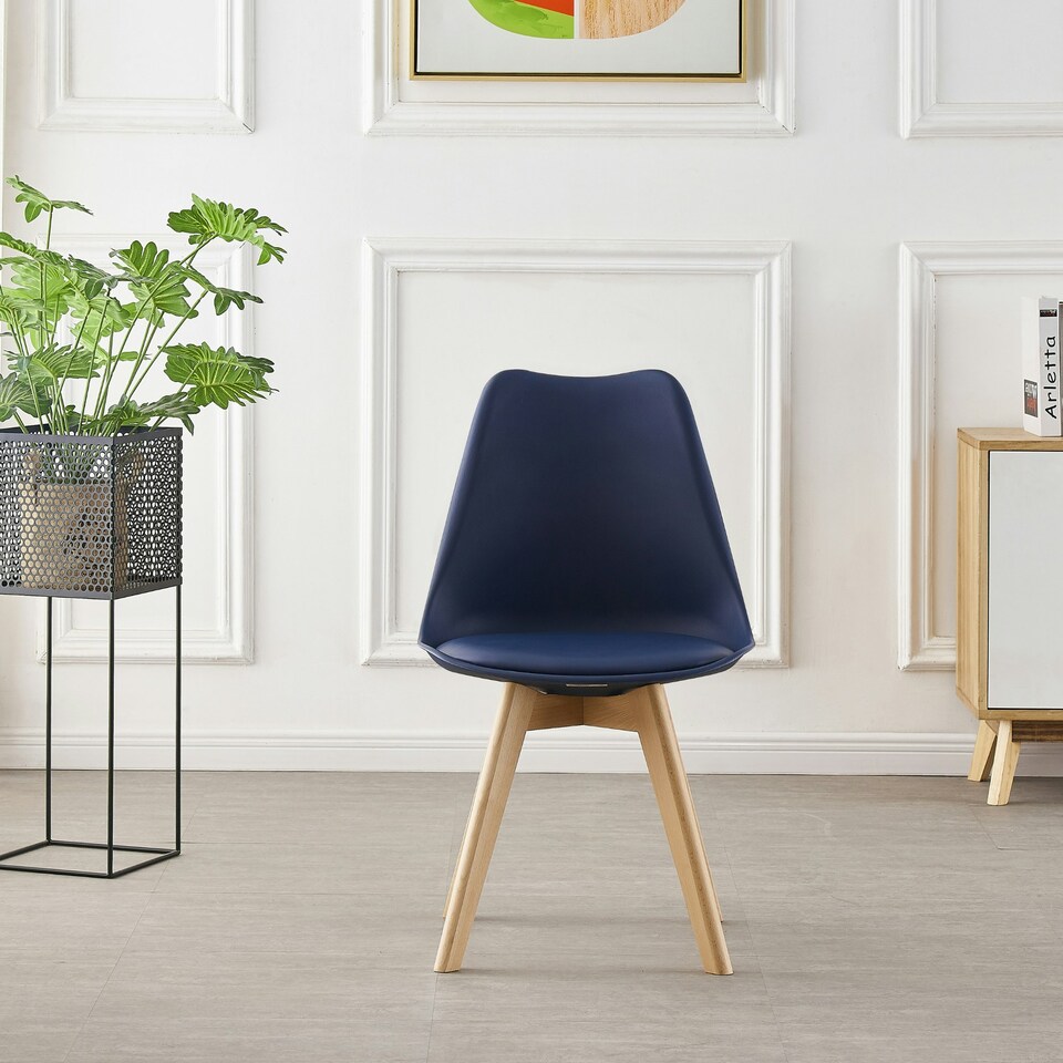 image 1 of Set of 6 Scandinavian Dining Chairs with Leather Cushions Solid Wood Legs Blue | Royal