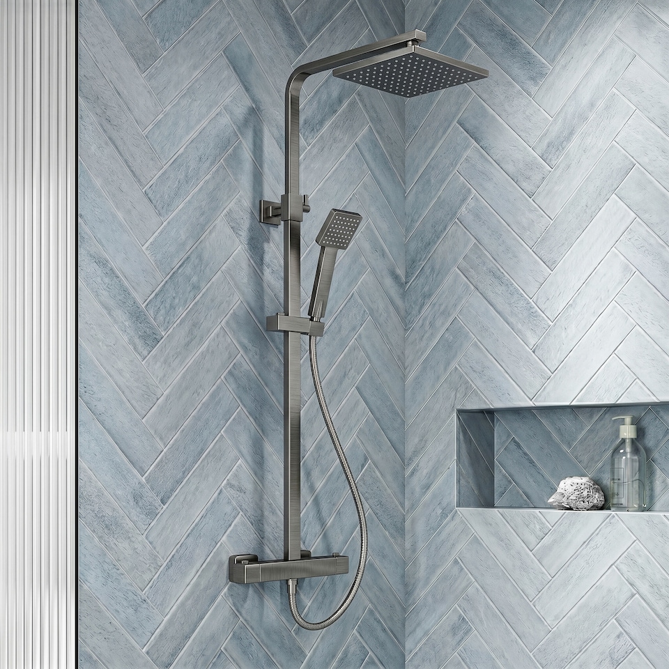 image 1 of Balterley Empire Square Thermostatic Shower Kit with Fixed Head and Adjustable Handset | Silver | Brushed Pewter | 1
