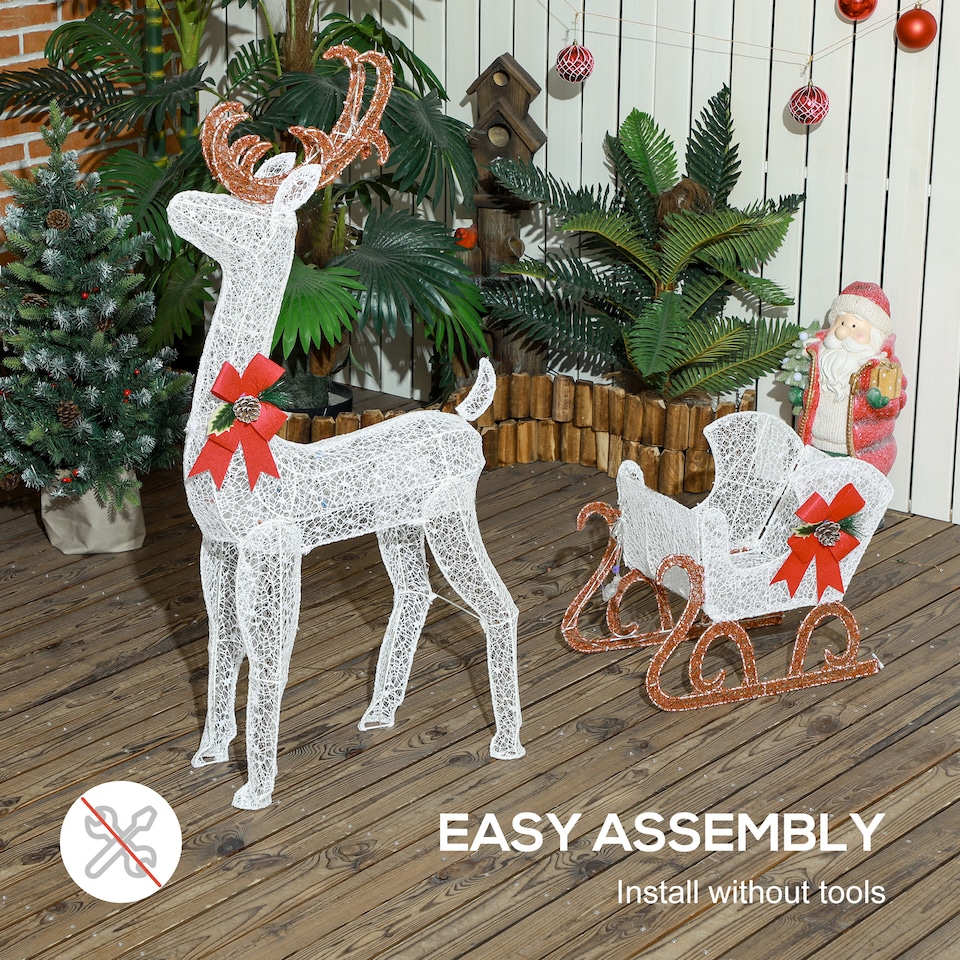 image 1 of Outsunny Light Up Reindeer and Sleigh Christmas Decoration, Outdoor Lighted Deer Xmas Decor with 170 LED Lights for Holiday, Lawn, Garden, Yard, White