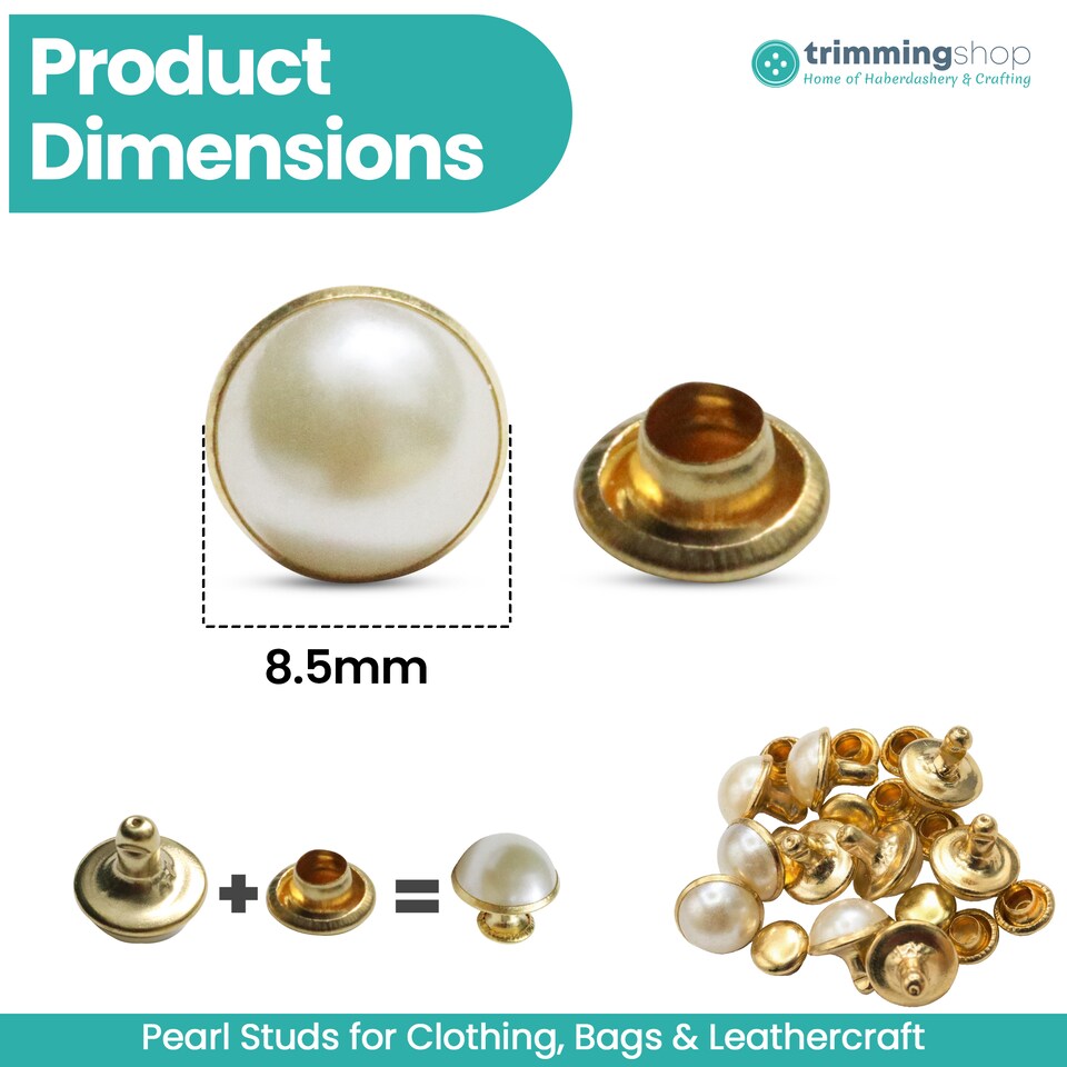 image 1 of 8.5mm Faux Pearl Rivets, Gold Pearl Stud Embellishments - 50pcs