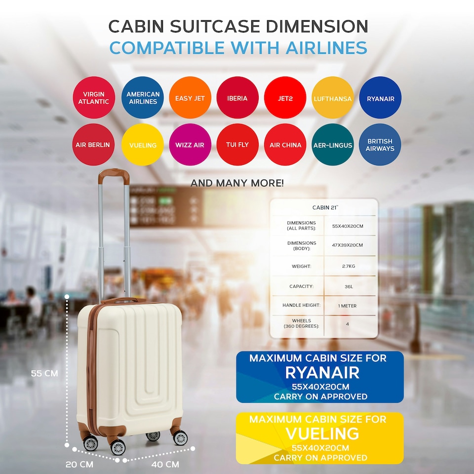 image 1 of Flight Knight Premium Hard Shell Lightweight Cabin Suitcase - 8 Wheels - TSA Lock & USB Port - 100 Airlines Approved Including Ryanair Priority - 55x40x20cm Cream | Cream | Cabin Bag