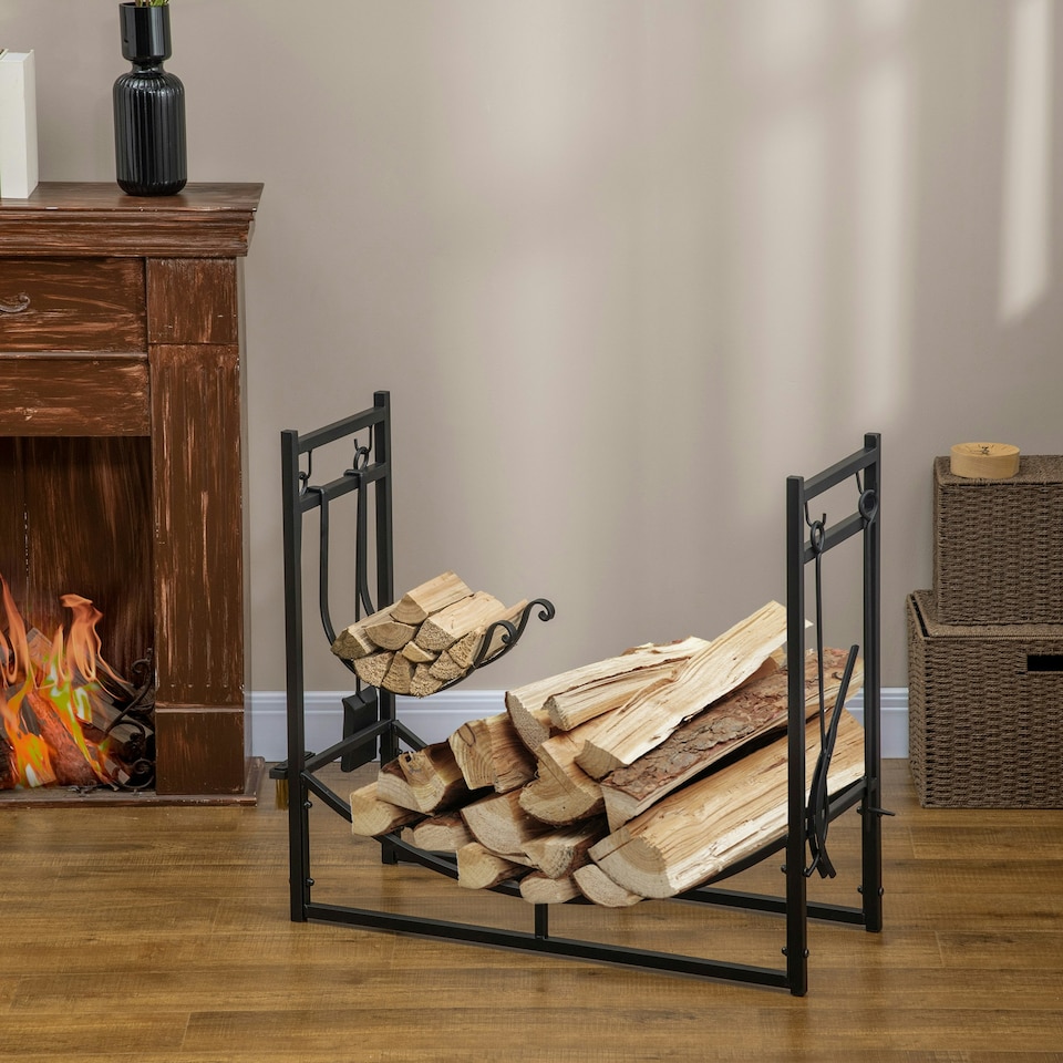 image 1 of Outsunny Firewood Stand Log Rack Holder 84cm with 4-PC Fireplace Tools Set Black