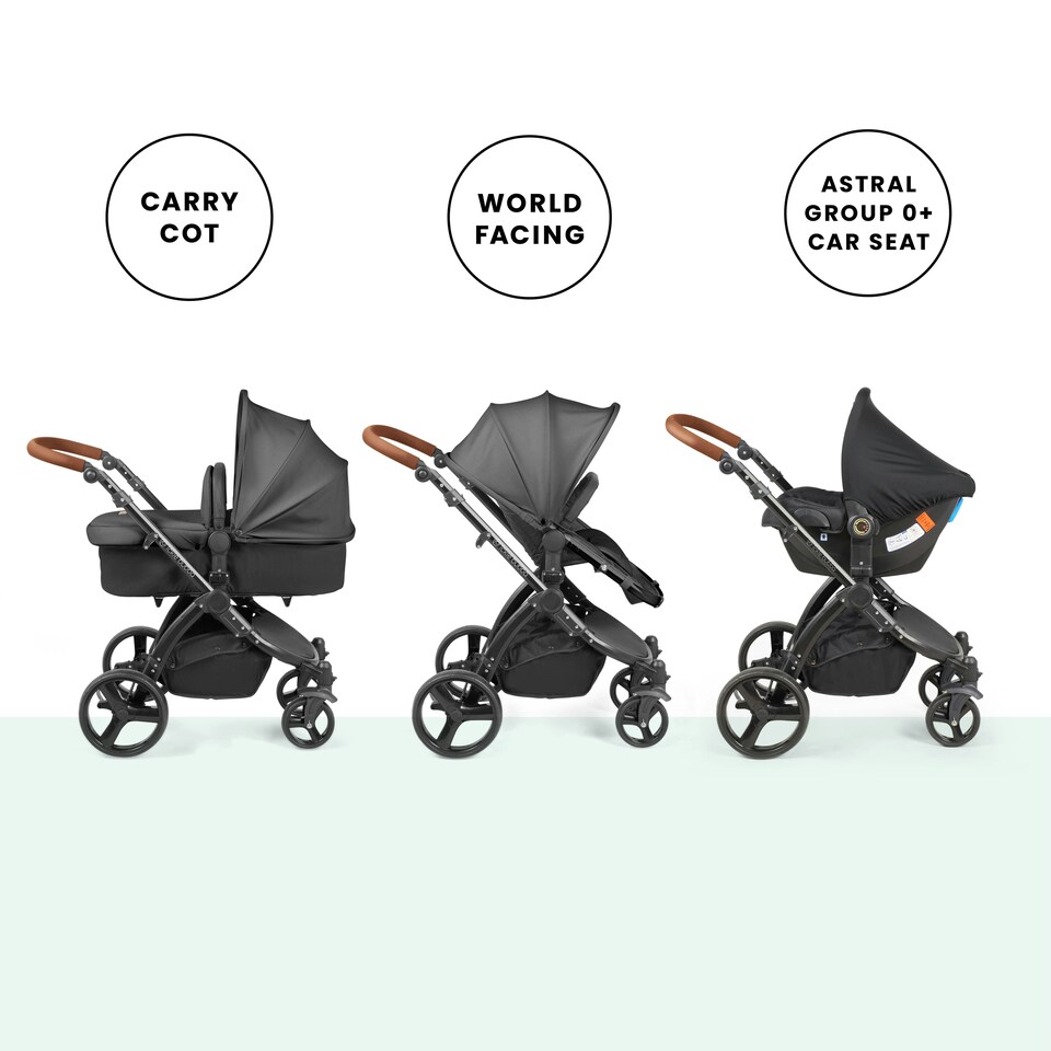 image 1 of Stomp Luxe 12pc Travel System with Stratus i-Size Car Seat & ISOFIX Base, Carrycot, Reversible Seat, Rain Cover & More (Black/Charcoal Grey/Tan)