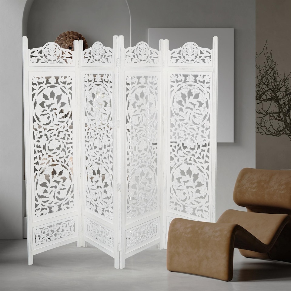 image 1 of 4 Panel Heavy Duty Carved  Screen Wooden Lotus Design Room Divider White 200 x 180 cm | White | White | 200 x 180 cm