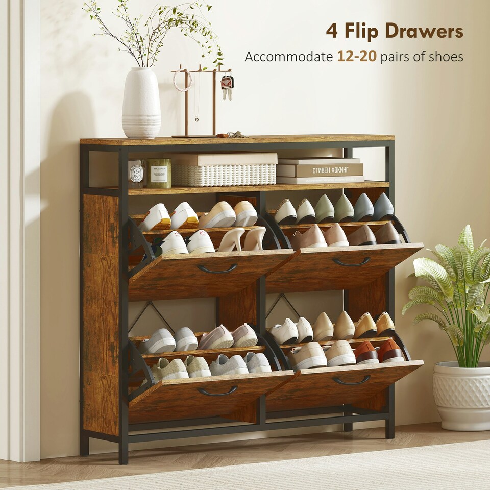 image 1 of HOMCOM Shoe Cabinet with 4 Flip Drawers, Holds 12-20 Pairs Brown | 98W x 24D x 95H cm