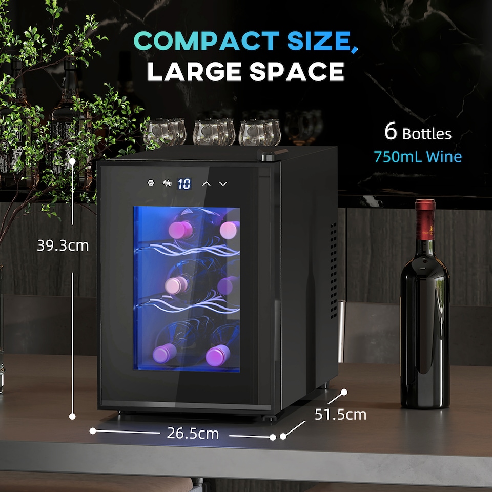 image 1 of HOMCOM Mini Table Top Wine Fridge, 6 Bottle, 17L, 8-18℃, 26.5cm Quiet Under Counter Wine Cooler Fridge with Glass Door, LED Light, Digital Touch Screen, Temperature Control