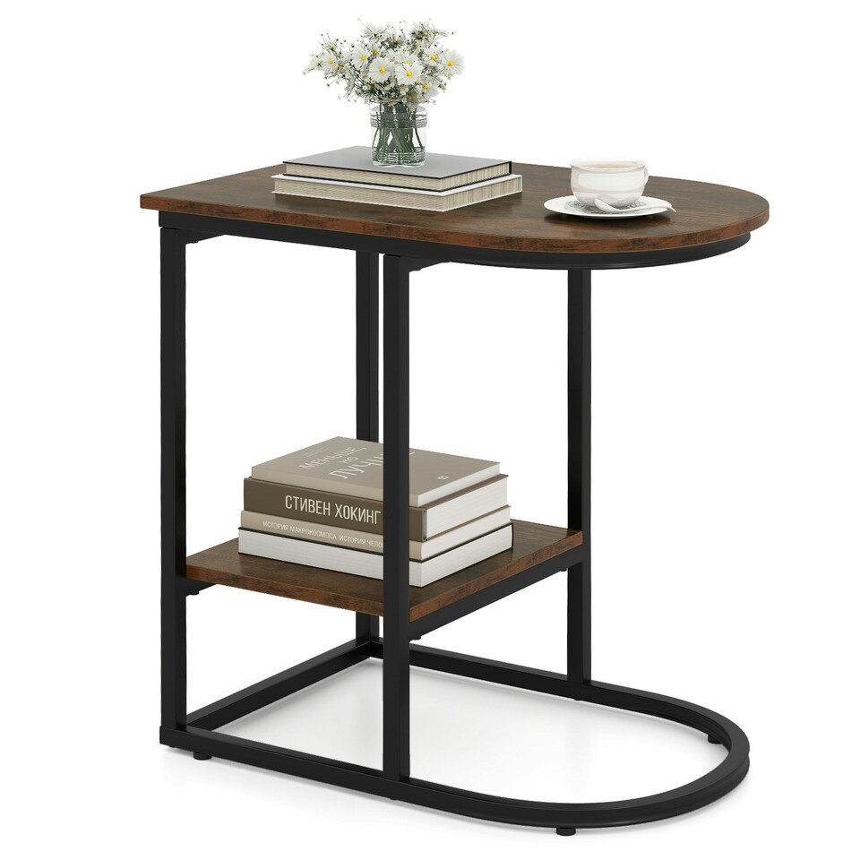 image 1 of COSTWAY C-shaped End Table Modern Sofa Side Table Brown