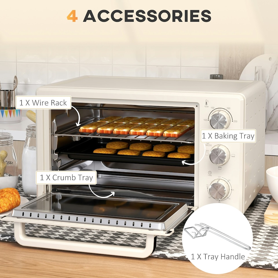 image 1 of HOMCOM Mini Oven 21L Electric Grill w/ Adjustable Temp Timer 1400W, Cream