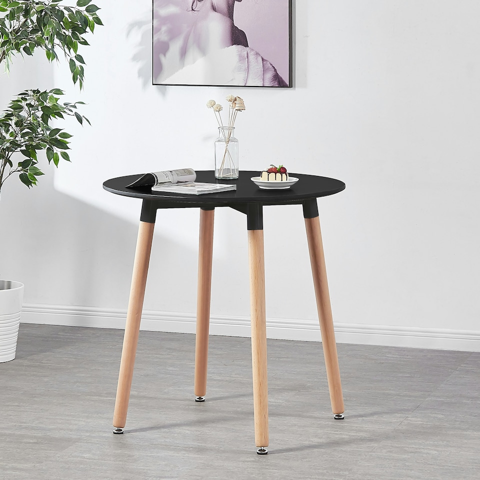 image 1 of 5PCs Dining Set - a Black Round Dining Table & Set of 4 White Lorenzo Tulip chairs with Padded Seat | Blue