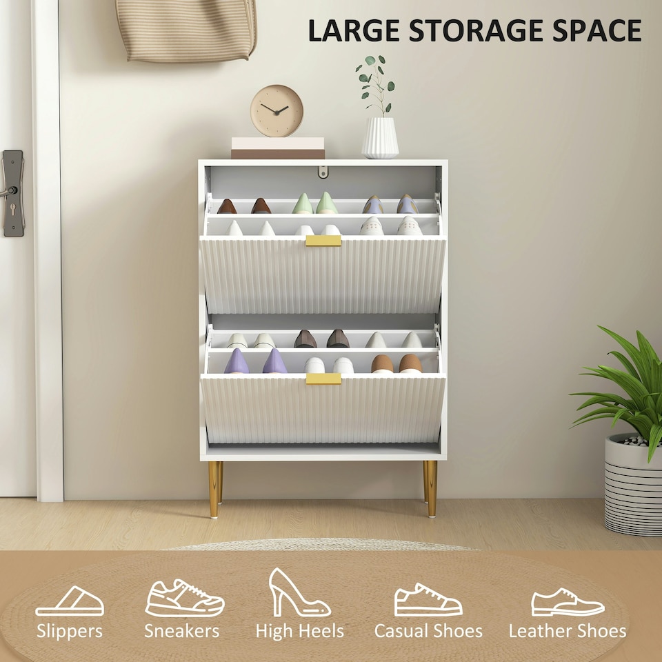 image 1 of HOMCOM Slim Shoe Storage Cabinet with 2 Flip Drawers for Hallway White | Gold | 60W x 24D x 91.5H cm