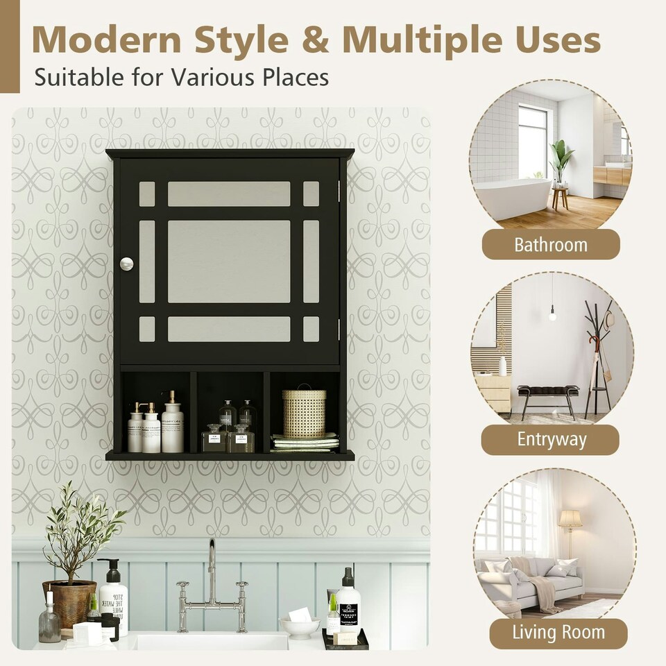 image 1 of COSTWAY Bathroom Wall Storage Cabinet Medicine Organizer Black Black