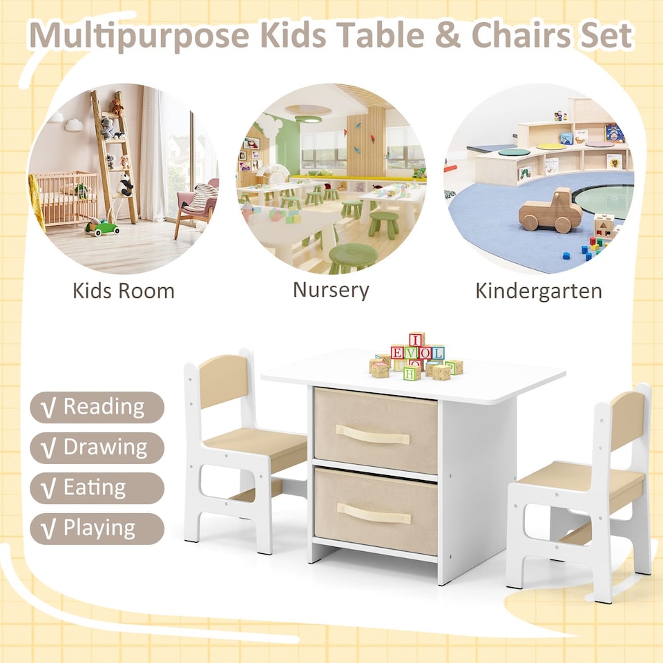 image 1 of COSTWAY Toddler Wooden Activity Table & 2 Chairs Set Cream